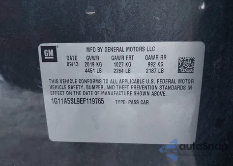 2014 Chevrolet Malibu 1Fl из США, поврежденный, VIN 1G11A5SL9EF119765